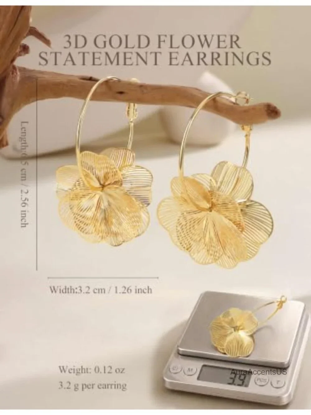 Gold Flower Dangle Earrings for Women, Hypoallergenic S925 Silver Post,